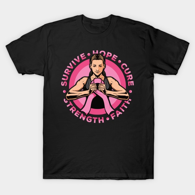 Breast Cancer Awareness Warrior Hope Strength Cure Faith Survive T-Shirt by RadStar